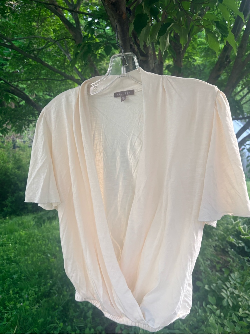 Lilla P cream drape front knit tee surplice hem S